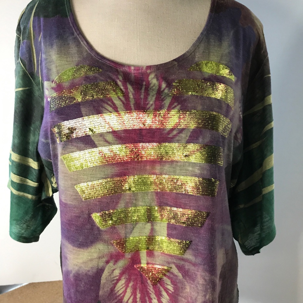 Heart of Gold by One World Green and Purple Orchid Top w Gold Heart Size Large